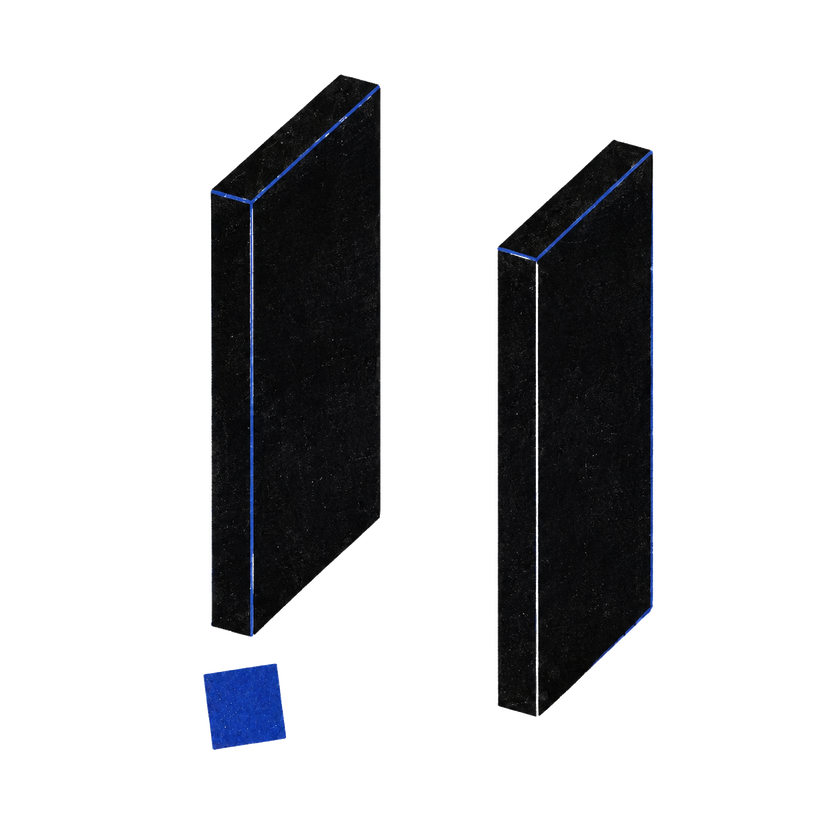 Two dark barriers leave an opening beside a blue square.