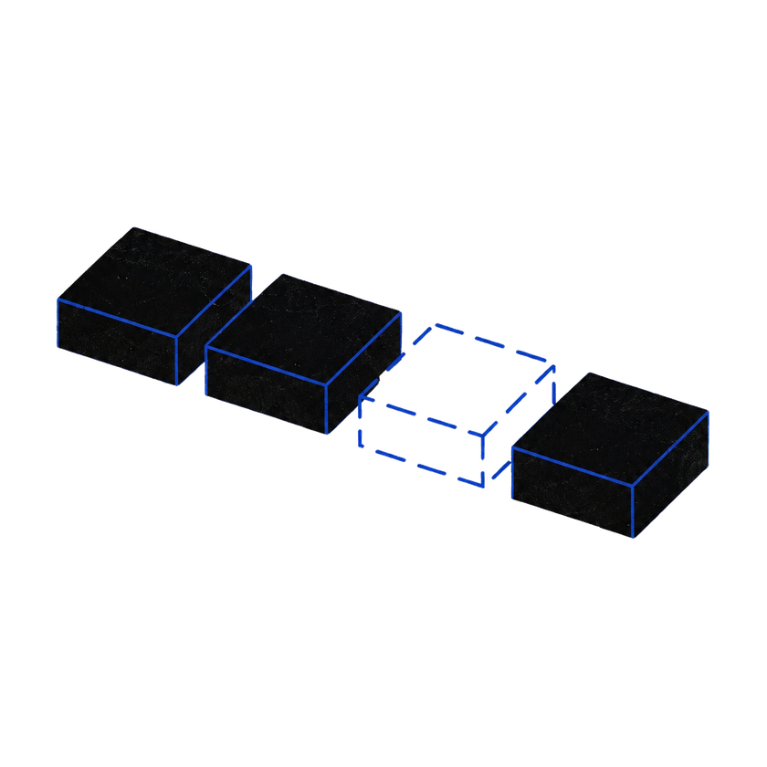 A sequence of dark blocks has an empty position outlined in blue.
