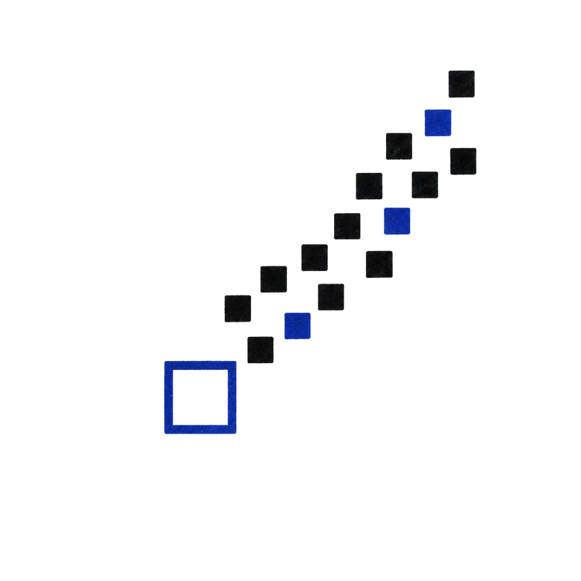 A stream of dark and blue squares passes an empty blue square.