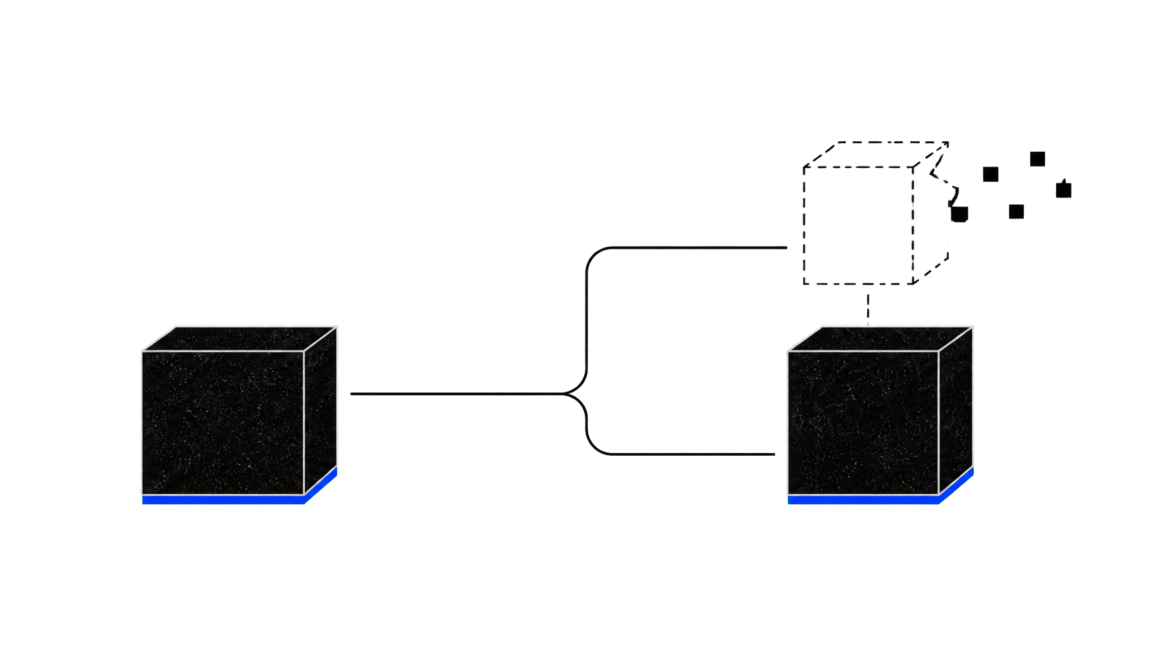 One solid form connects to an intact form and a fragmenting outline.