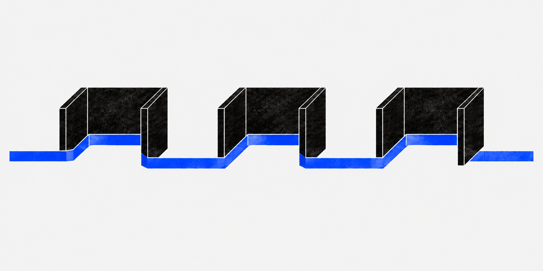 A continuous blue strip connects three separate black compartments.