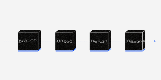 Four black observation windows reveal fragments of one cobalt path.