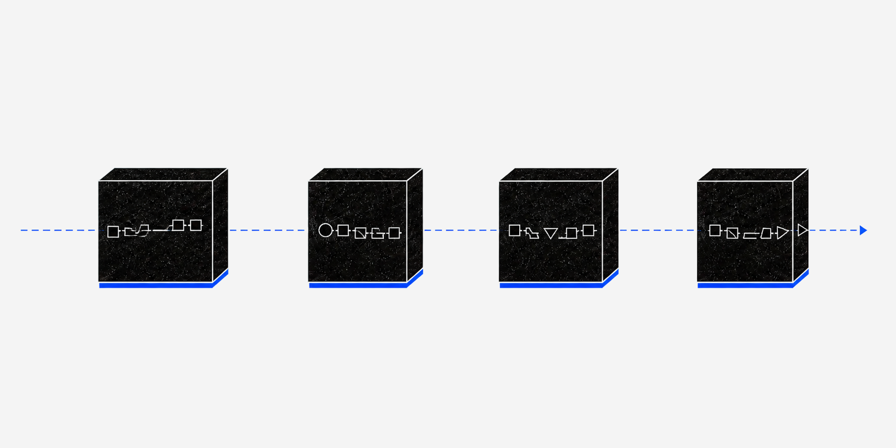 Four isolated black systems linked by a thin blue evidence path