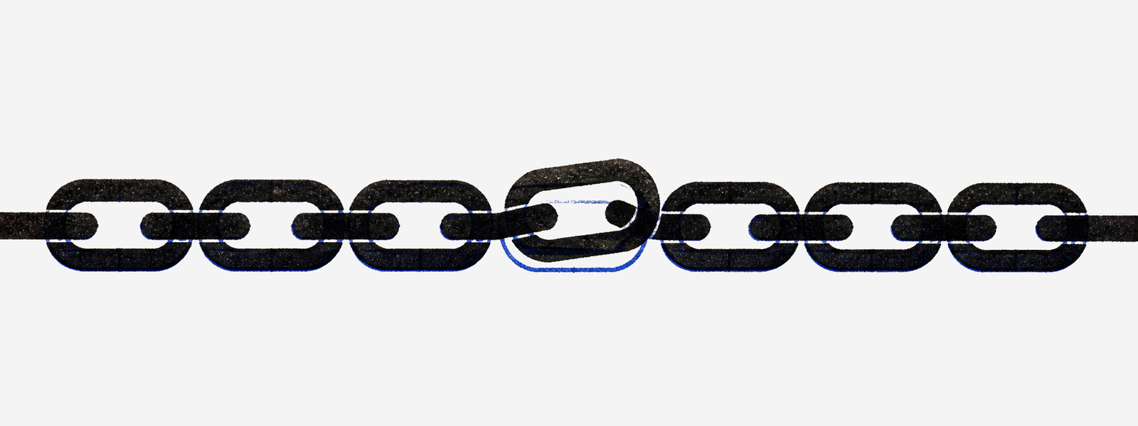 Two-ink illustration of a chain whose altered link no longer aligns with the witness mark beneath it.
