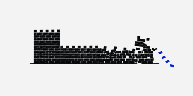 Brick wall degrading from intact courses into scattered rubble.