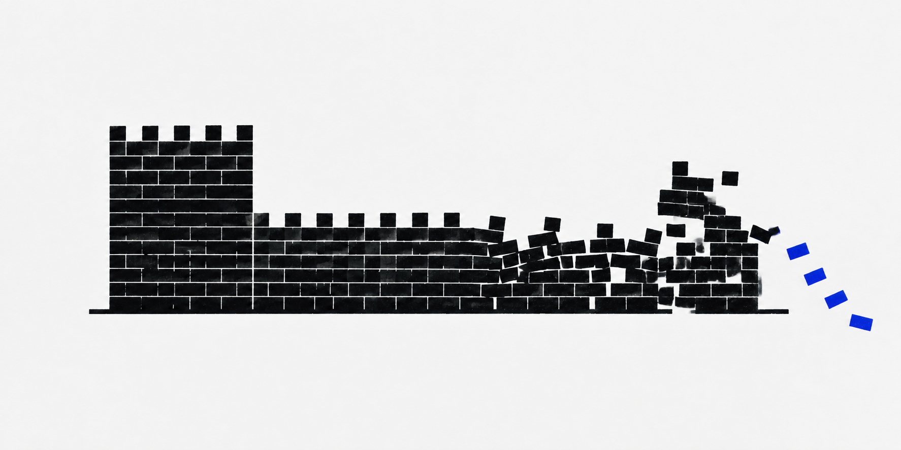 Two-ink illustration of a brick wall gradually breaking apart across a sequence.