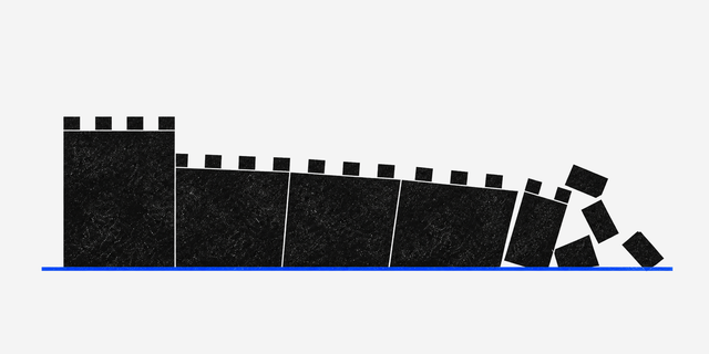 A simplified fortified wall leans progressively before the far-right pieces fall.