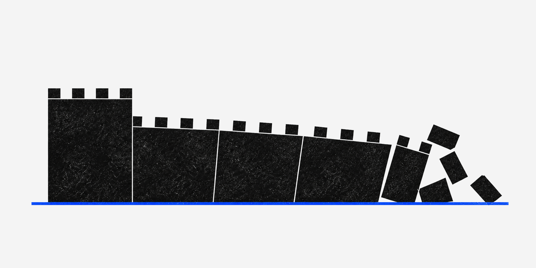 A simplified fortified wall leans progressively before the far-right pieces fall.