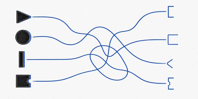 Four cobalt paths cross and tangle before resolving into four separate test points.