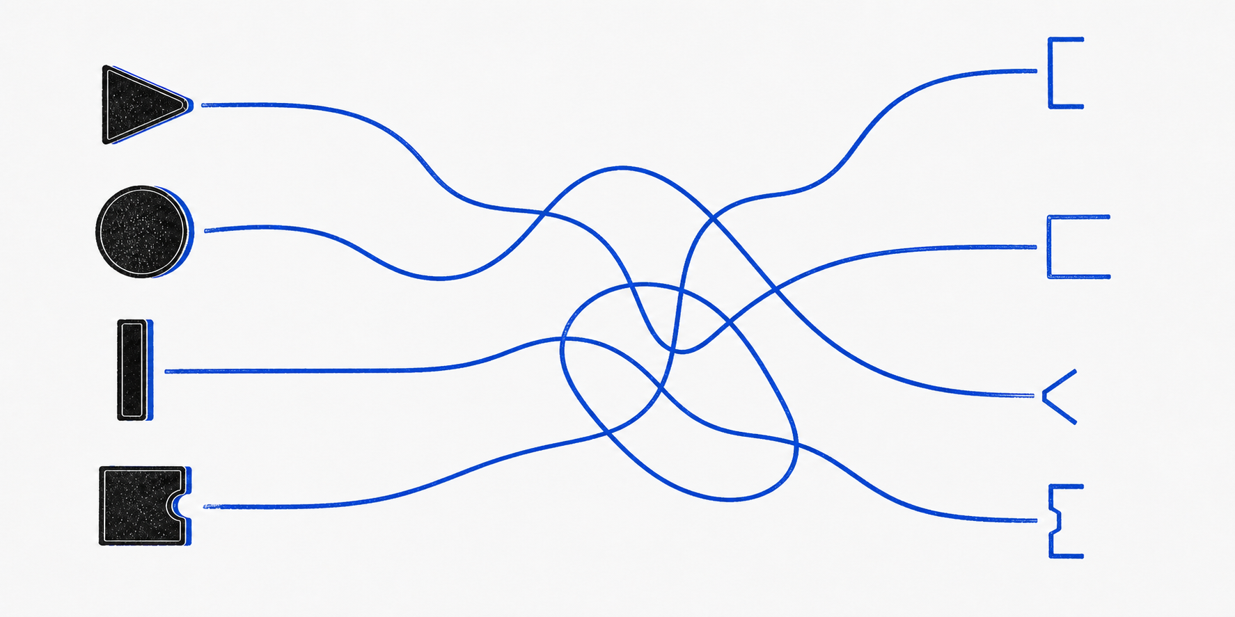 Four cobalt paths cross and tangle before resolving into four separate test points