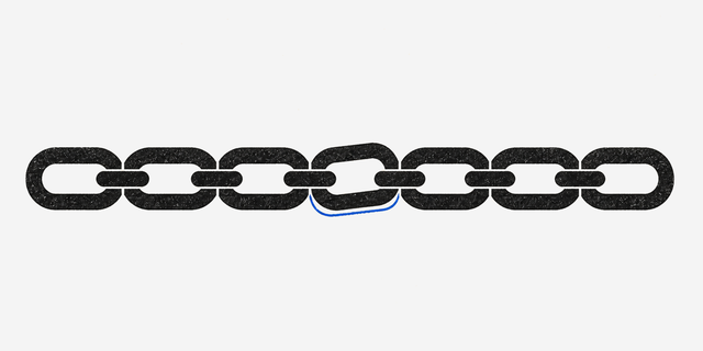 A flat black chain whose central link has shifted above a cobalt witness outline.