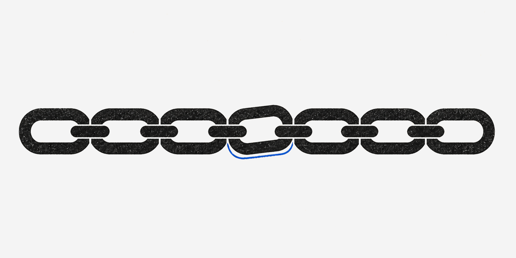 A flat black chain whose central link has shifted above a cobalt witness outline.