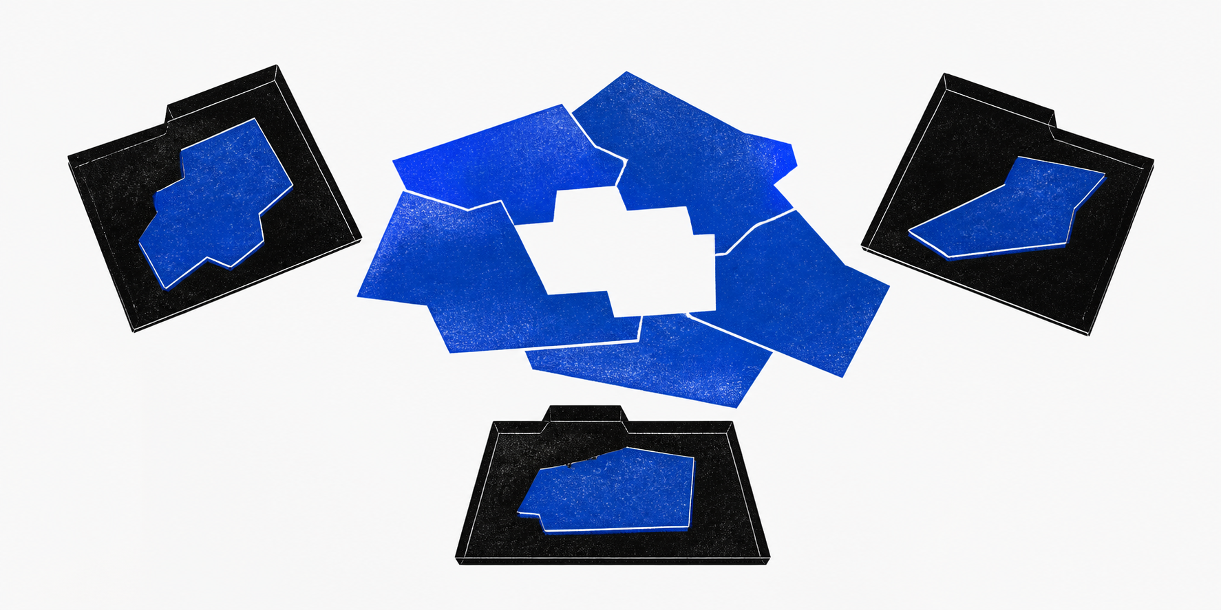 Three black evidence trays hold different cobalt fragments around an unresolved gap